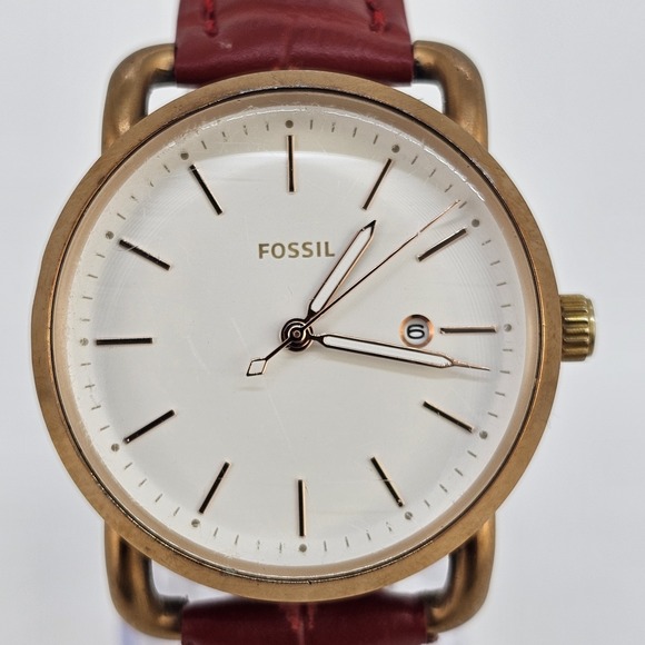 Fossil Women Watch 34MM Gold Dial Date New Red Leather Bands New Battery - Picture 4 of 16